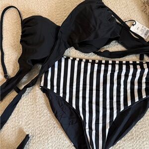 Black & White Striped Set 36D (Shade &Shore NWT) top Coral Reef  12/14 bottoms